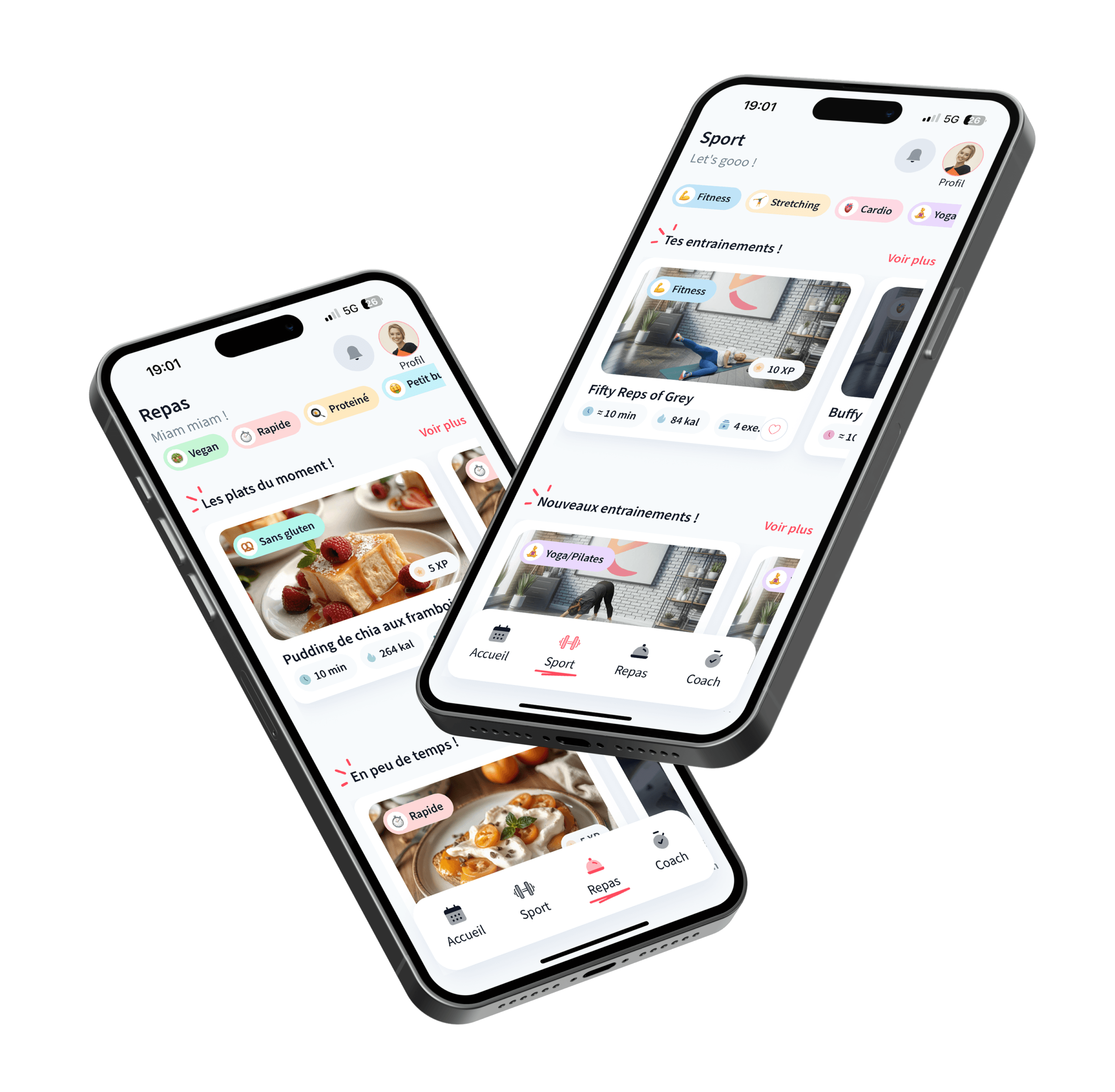 Kunto app sports and nutrition screens shown on two smartphones