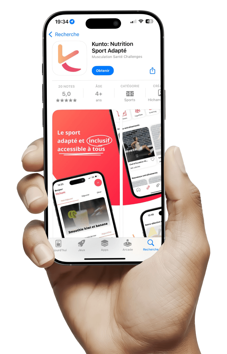 "Kunto Nutrition and Adapted Sports" app on the App Store, rated 5 stars