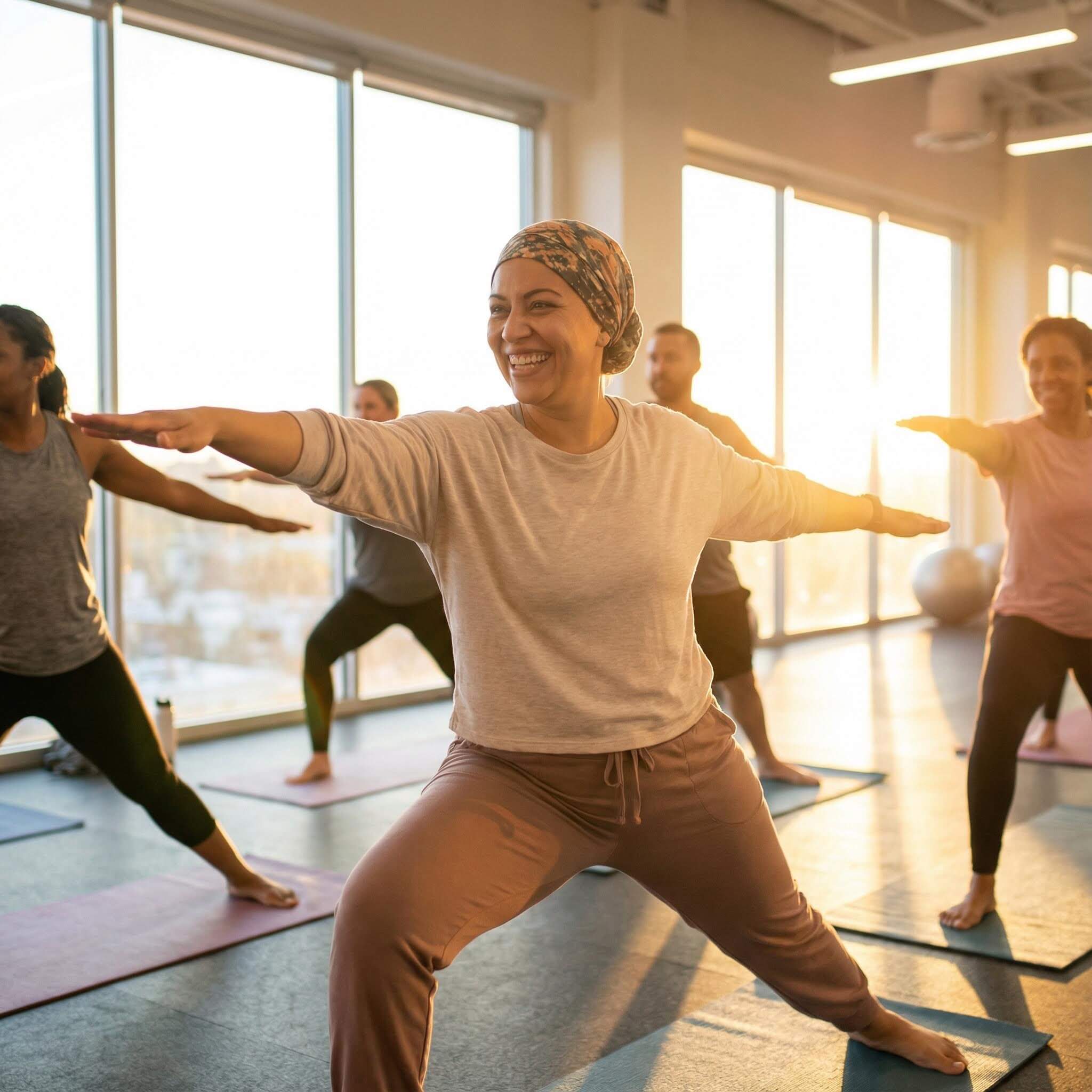 Group health-sports session: adapted yoga class led with Kunto