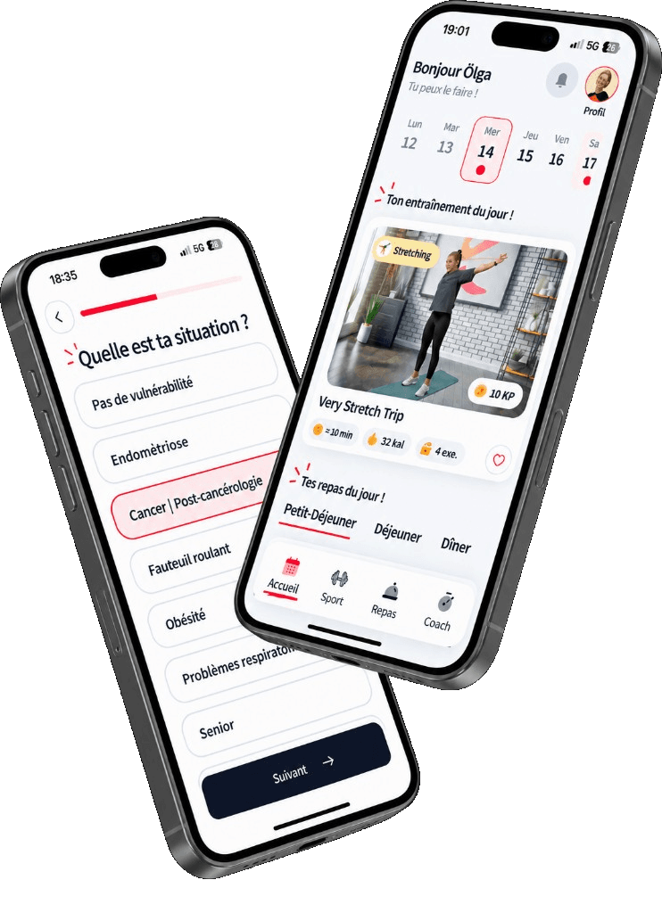 Kunto app — onboarding screen with the «Cancer / Post-cancer care» pathology selection and today's personalized workout screen.